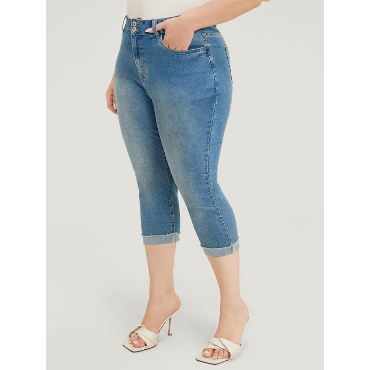 Plus Size Very Stretchy High Rise Medium Wash Roll Hem Cropped Jeans Women Cerulean Casual Plain High stretch Pocket Jeans BloomChic 24/3X Product Image