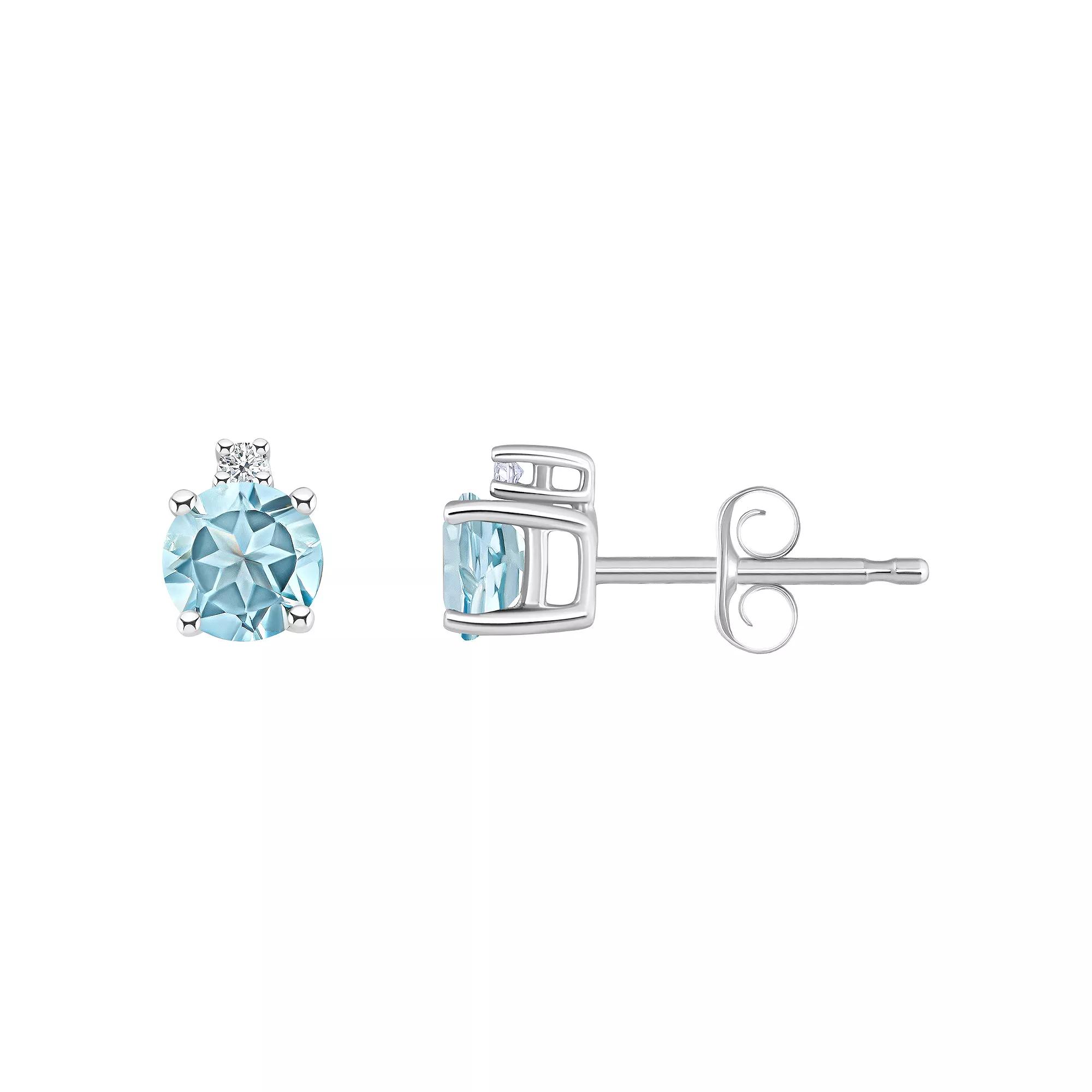 14k White Gold 4 mm Round Birthstone & 1/10 Carat T.W. Diamond Stud Earrings, Women's, Aquamarine Product Image