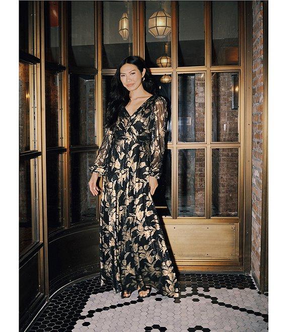 Betsy & Adam Metallic Crinkle Long-Sleeve V-Neck Floral A-Line Gown Product Image