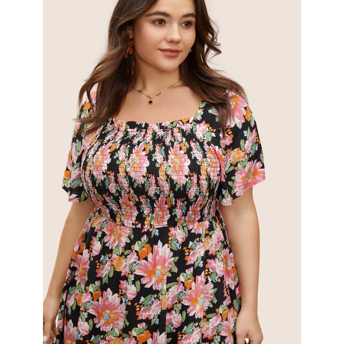 Plus Size Floral Shirred Ruffles Patchwork Pleated Dress Black Women Elegant Non Square Neck Short sleeve Curvy Midi Dress BloomChic 18-20/2X Product Image