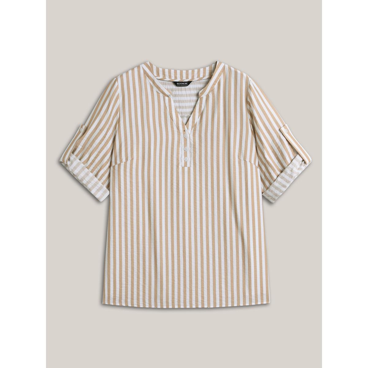 Plus Size Apricot Stripe Print Tab Sleeve Notched Collar Blouse Women Elbow-length sleeve Notched collar Work Blouses BloomChic 28/5X Product Image