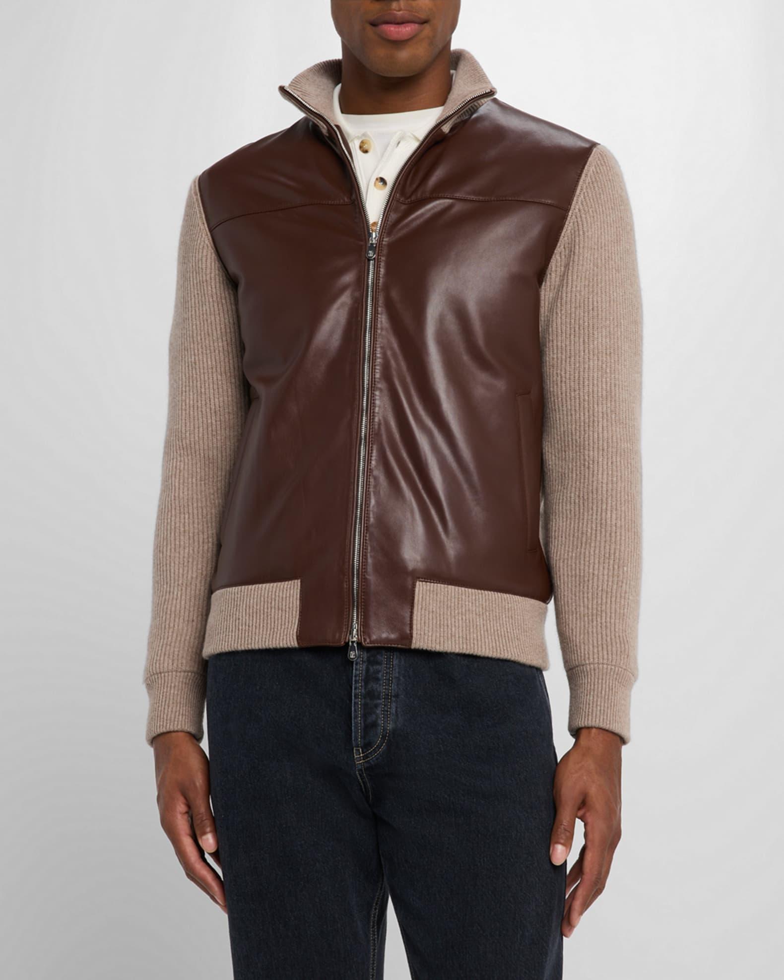 Men's Leather and Cashmere Knit Full-Zip Jacket Product Image
