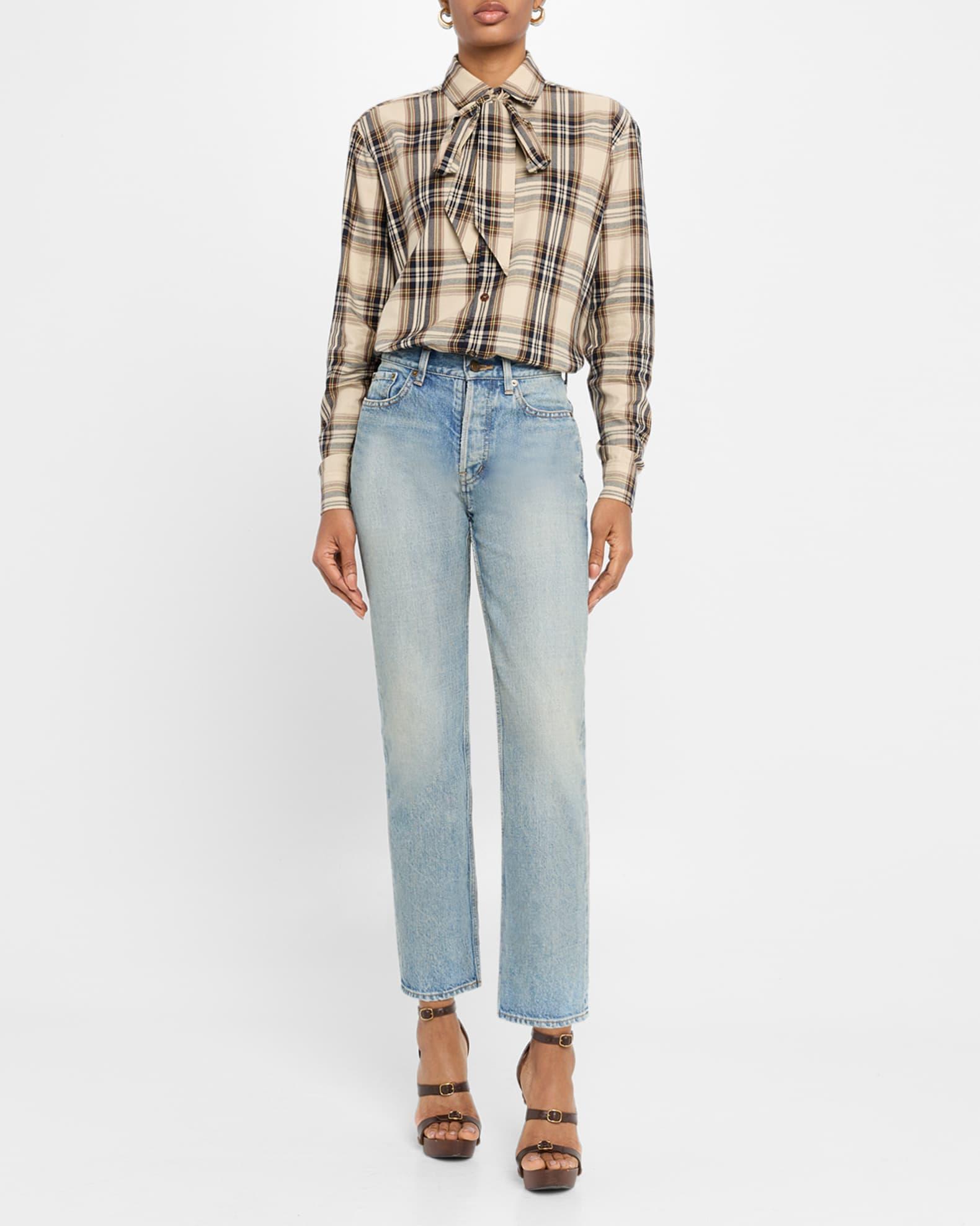 Neck-Tie Plaid Button-Down Blouse Product Image