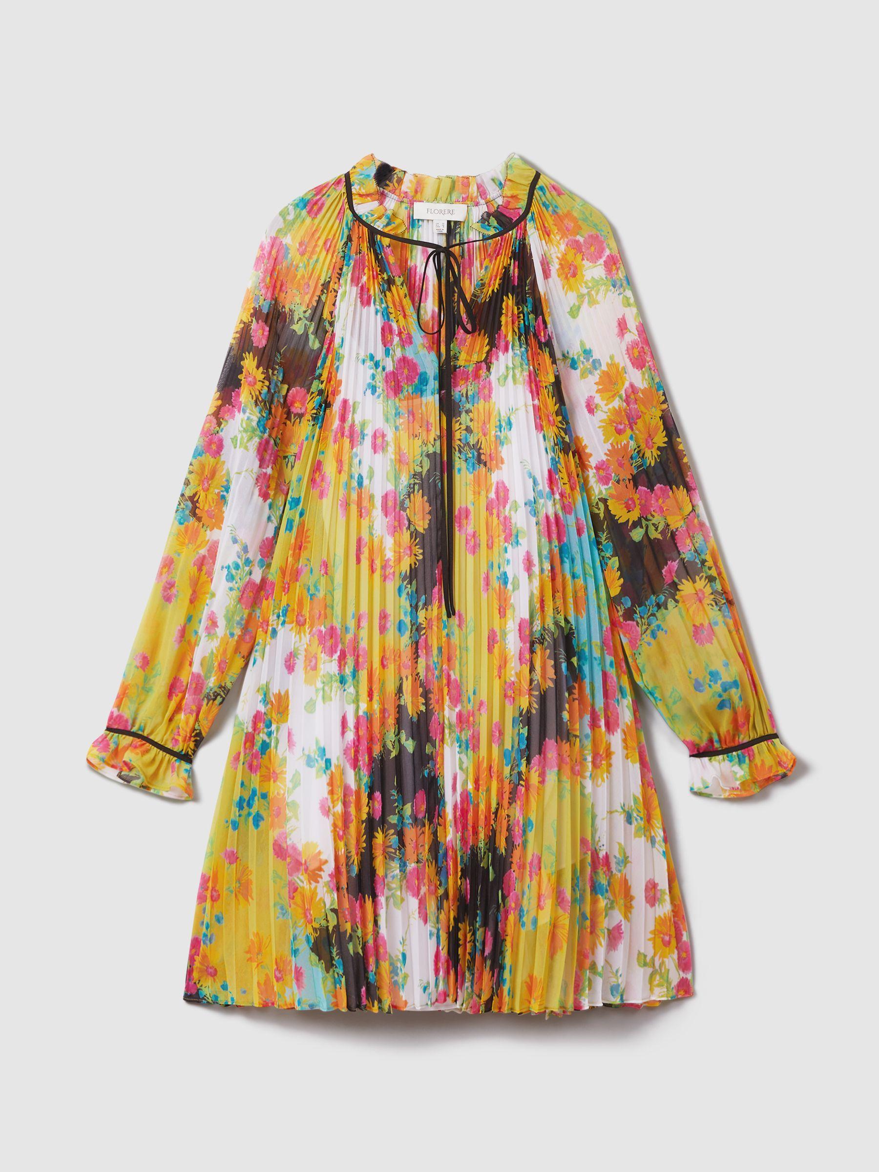 Florere Pleated Tie Neck Mini Dress in Multi Product Image