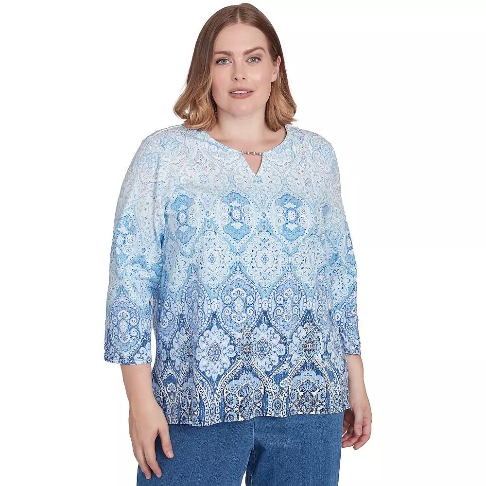 Plus Size Alfred Dunner Split Beaded Neck Ombre Medallion Top, Women's, Size: 2XL, Blue Product Image