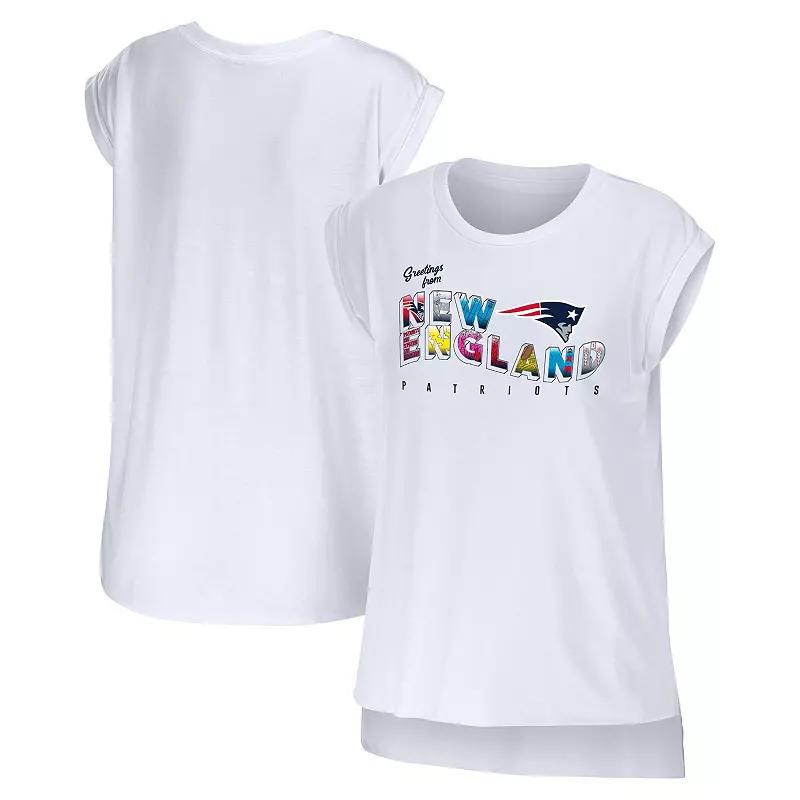 Women's WEAR by Erin Andrews White New England Patriots Greetings From Muscle T-Shirt,  Product Image
