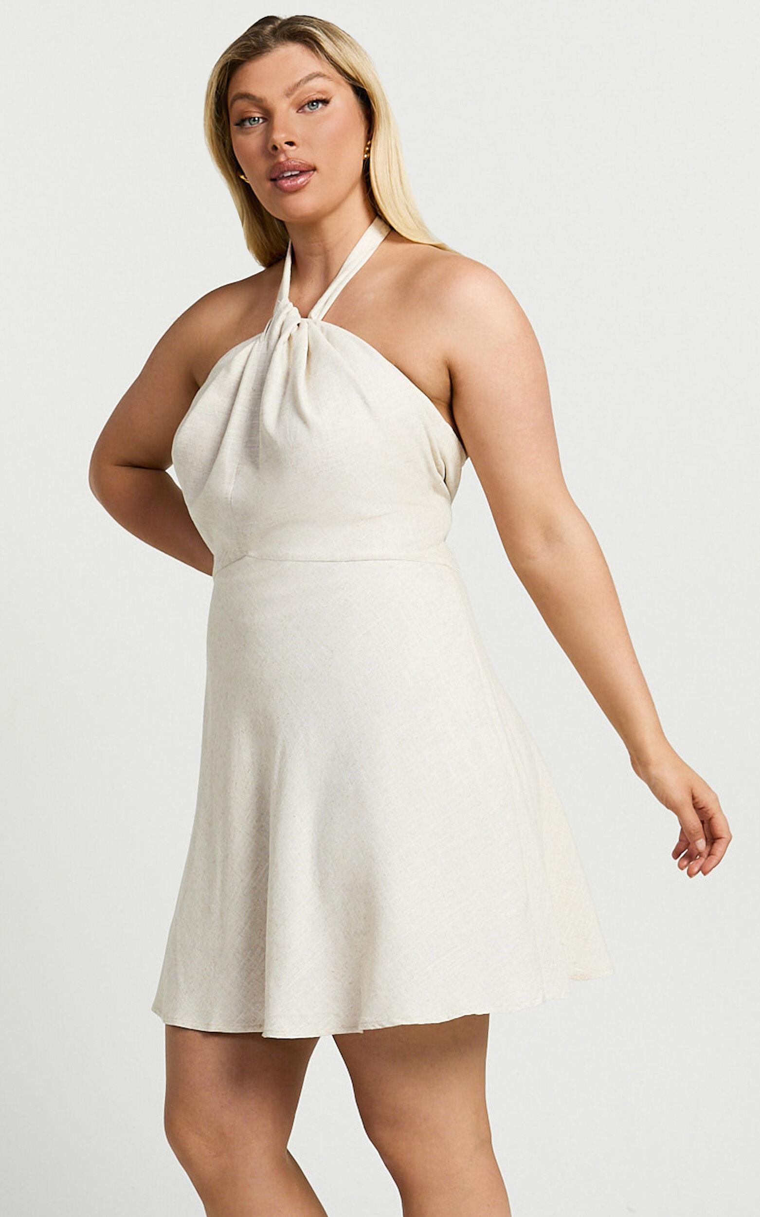 Louie Mini Dress - Linen Halter Neck Dress in Natural Product Image