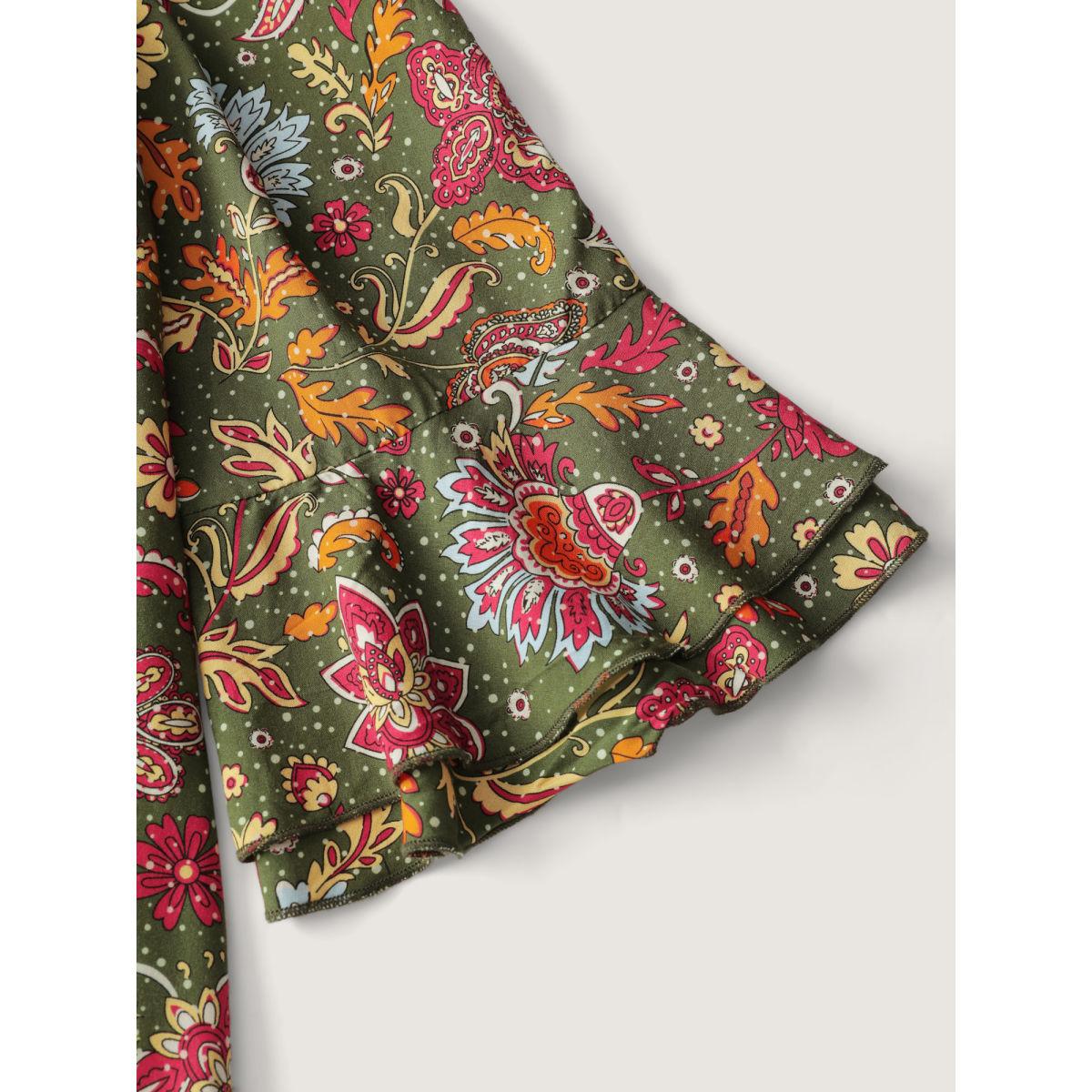 Plus Size Floral Print Pleated Waist Maxi Dress Multicolor Women Boho Tie knot V-neck Extra Long Sleeve Curvy BloomChic 26/4X Product Image