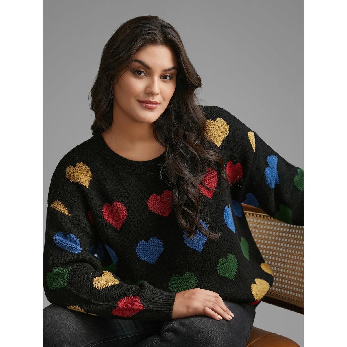 Plus Size Colored Heart Drop Shoulder Sleeve Pullover Black Women Casual Loose Long Sleeve Round Neck Everyday Pullovers BloomChic 26/4X Product Image
