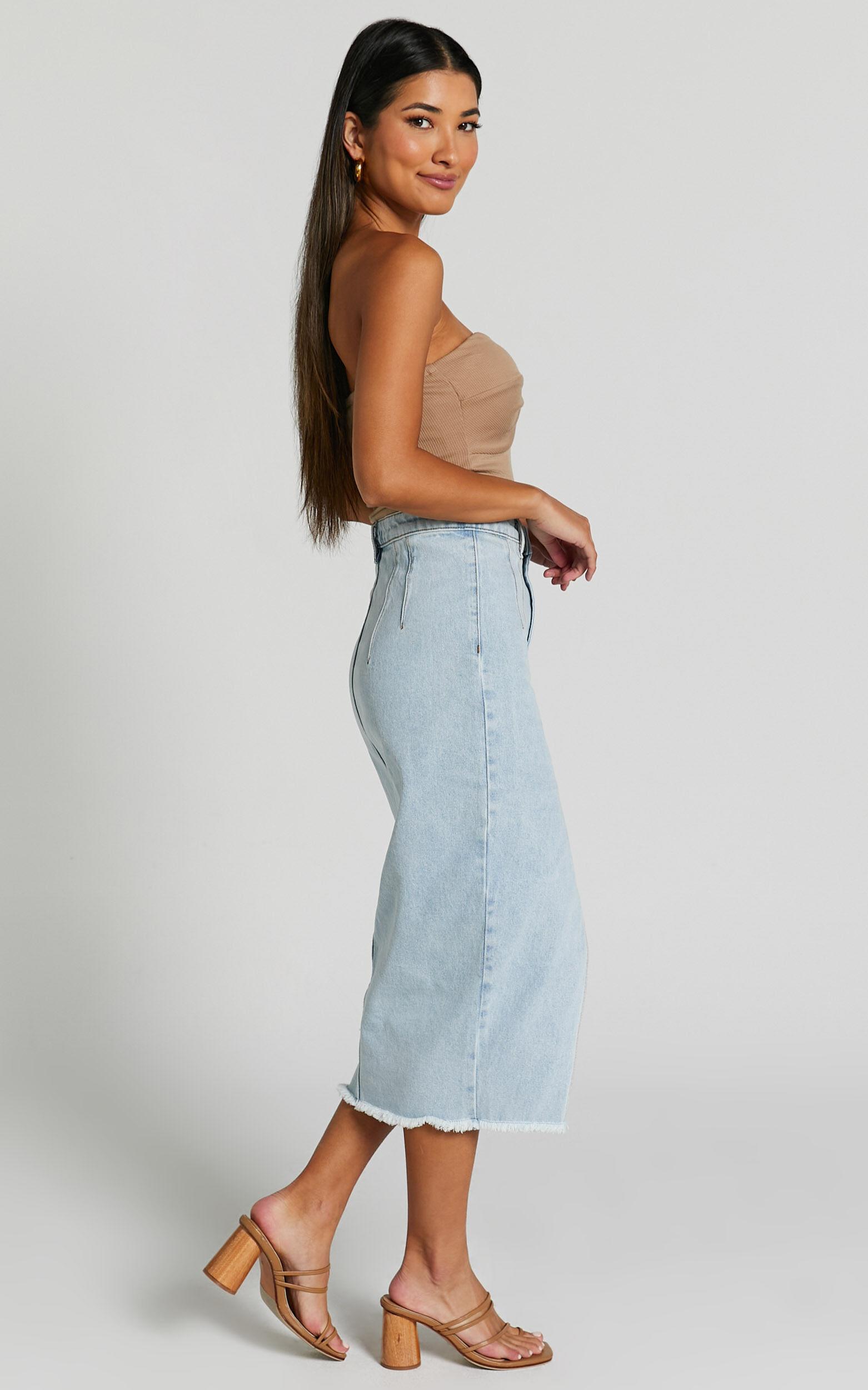 Janeve Midi Skirt - Front Split Denim Skirt in MID WASH Product Image
