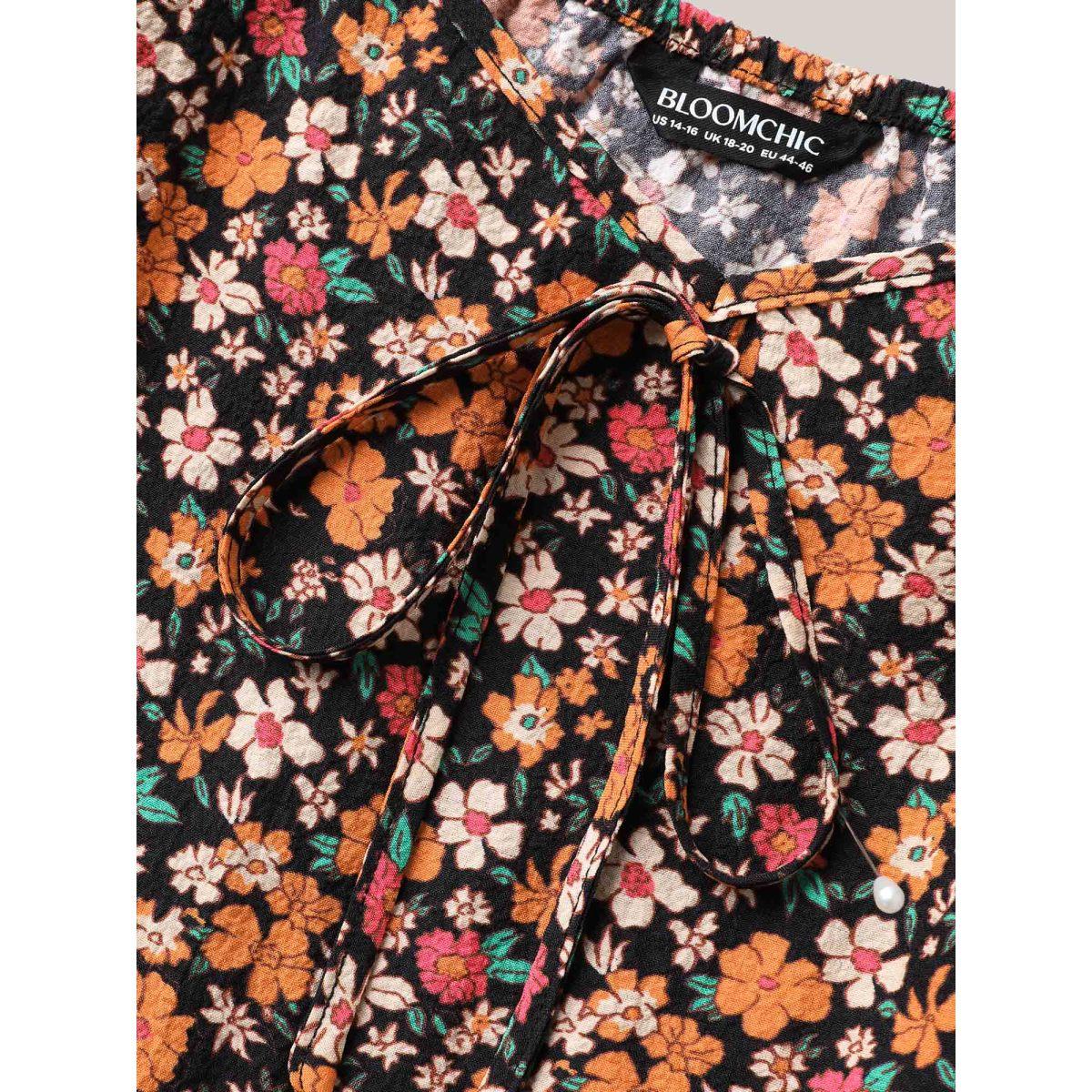 Plus Size Ditsy Floral Print Cami Tiered Tank Top Women BlackFlower Boho Tie knot Non Vacation Tank Tops Camis BloomChic 18-20/2X Product Image