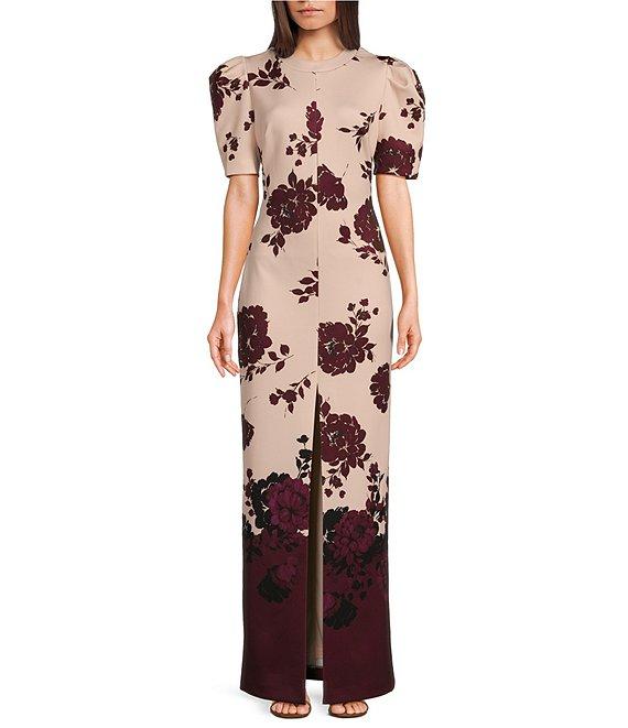 Belle by Badgley Mischka Nina Floral Print Knit Crew Neck Short Puff Sleeve Front Slit Sheath Maxi Dress Product Image