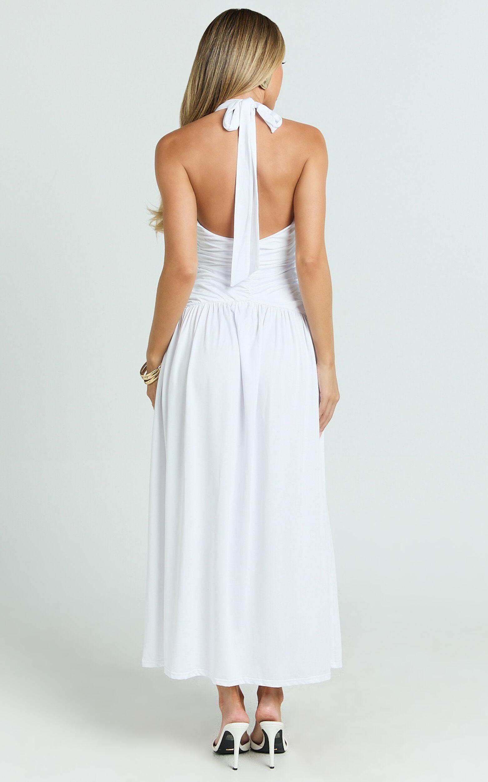 Sandy Maxi Dress - Halter Plunge Fit And Flare Dress in White Product Image