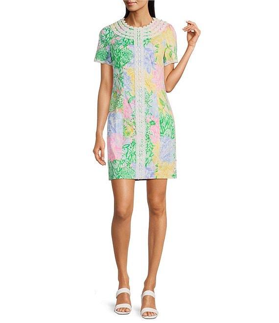 Lilly Pulitzer Mila Bright Delight Patch Print Lace Round Neck Short Sleeve Shift Dress Product Image