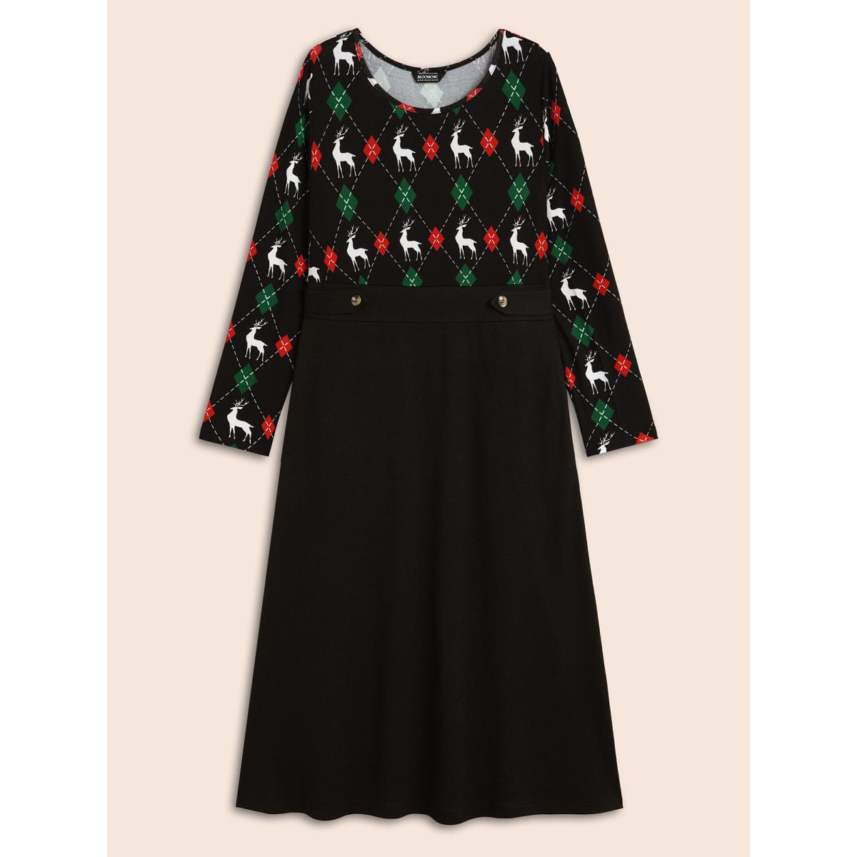 Plus Size Reindeer Printed Fit-and-Flare Midi Dress Black Women Casual Patchwork Party Curvy Bloomchic 18-20/2X Product Image