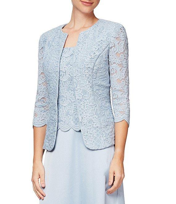 Alex Evenings Glitter Lace 3/4 Sleeve Square Neck Scallop Hem Bodice 2-Piece Jacket Gown Product Image