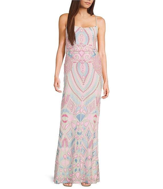 Next Up Printed Scoop Neck Spaghetti Strap Front Slit Dress Product Image