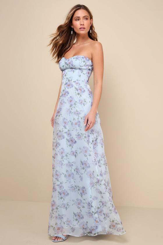 Chic Preciousness Light Blue Floral Organza Bustier Maxi Dress Product Image