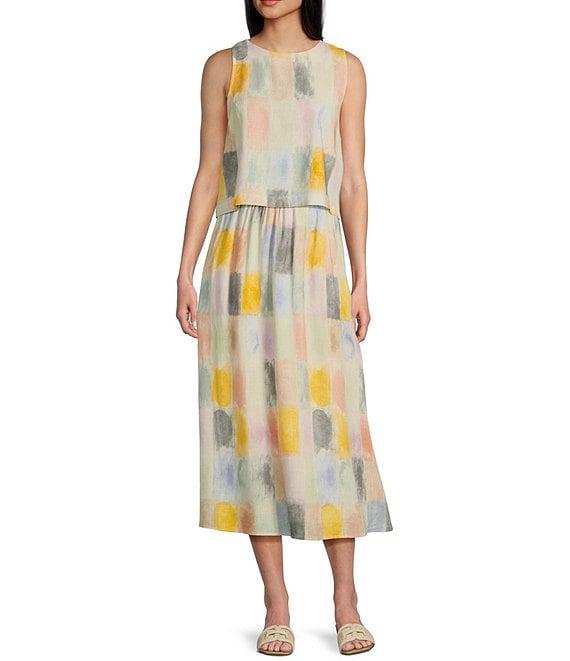 Sadie & Sage Linen Water Color Print Elastic Waist Coordinating Midi Skirt Product Image