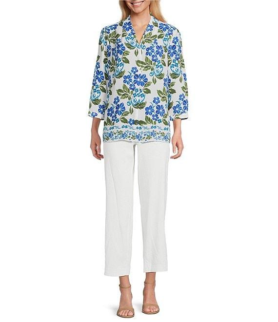 Investments Petite Size Caroline Signature Stamped Hibiscus V-Neck 3/4 Sleeve Button Front Blouse Product Image