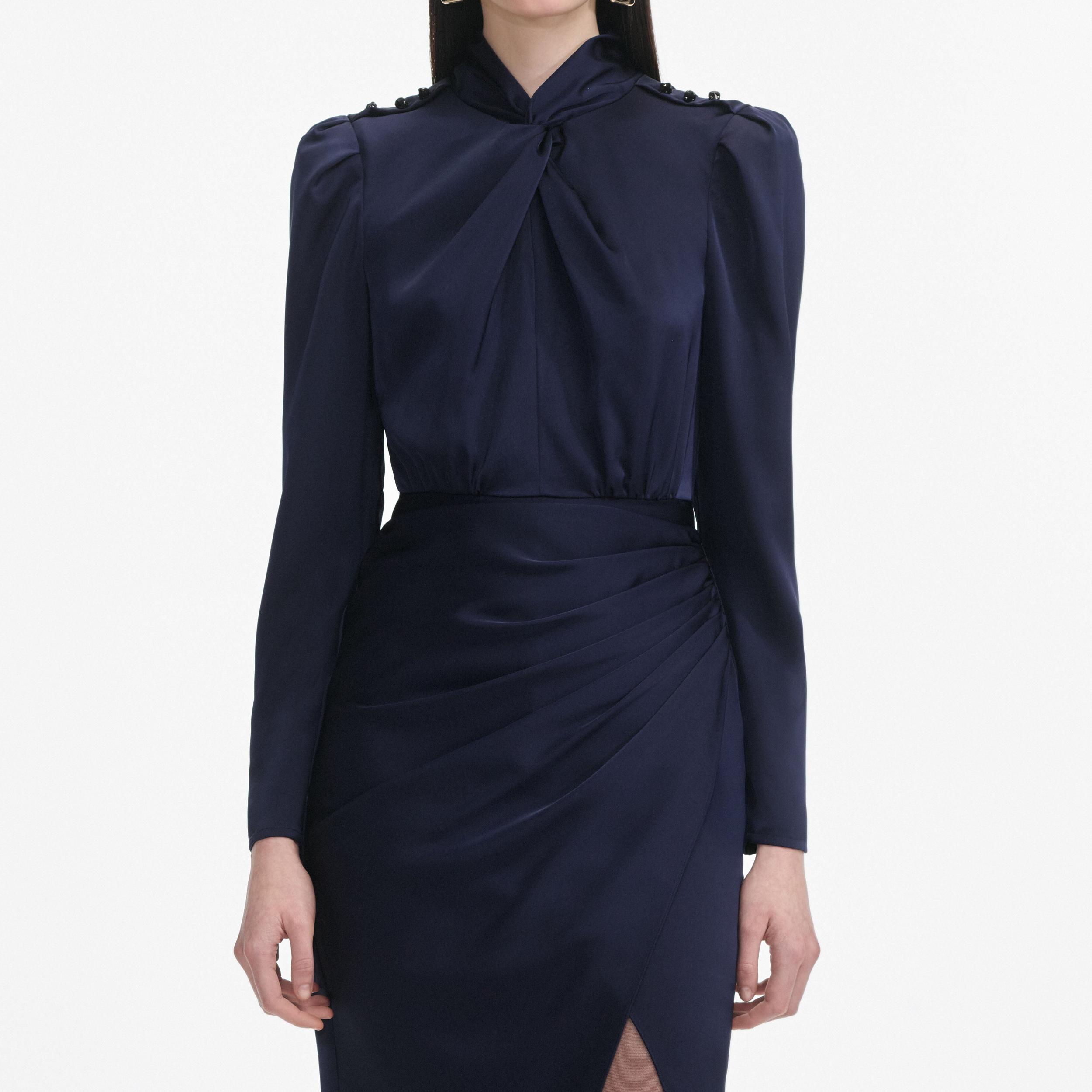 Navy Satin Midi Dress Product Image
