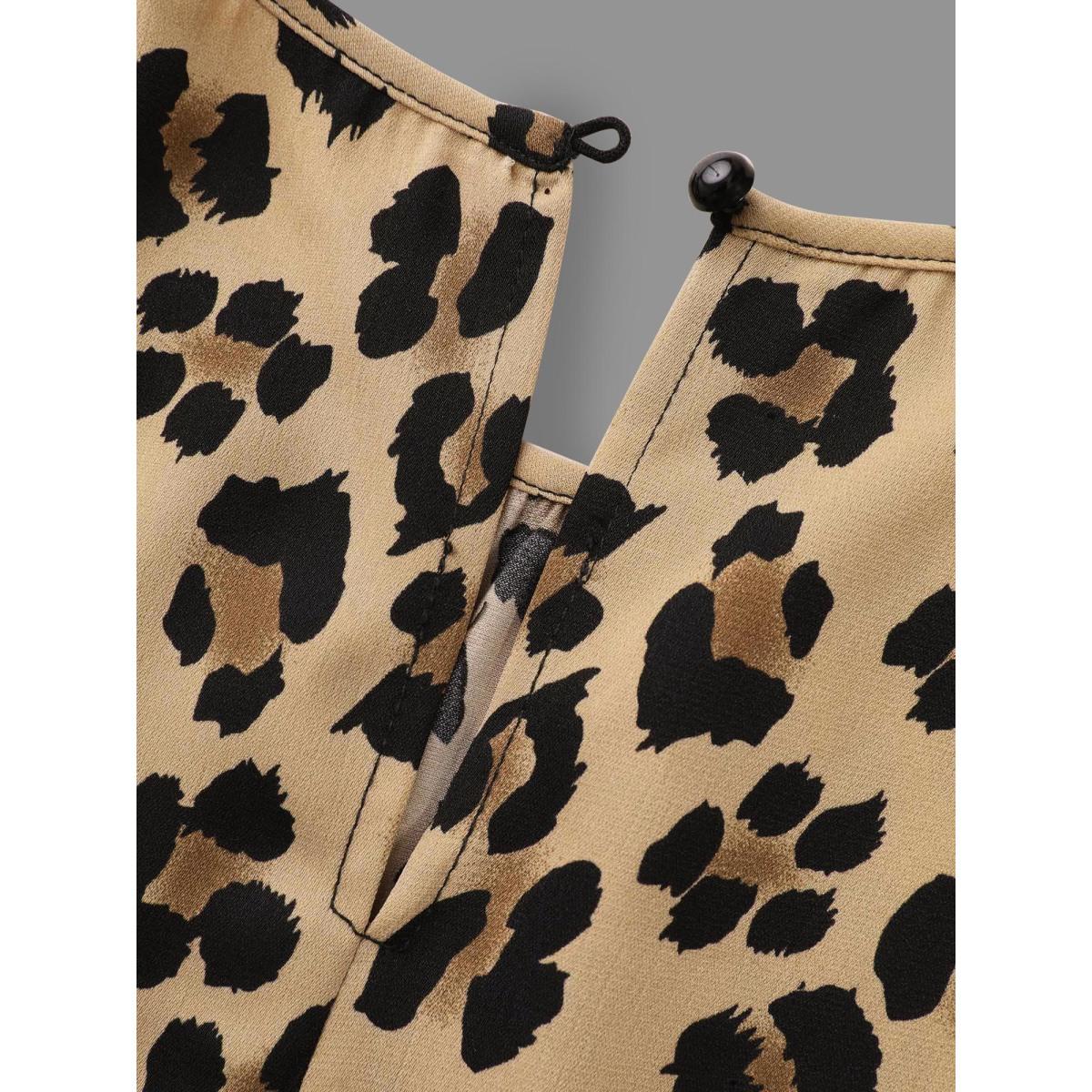 Plus Size LightBrown Leopard Print Mock Neck Gathered Blouse Women At the Office Long Sleeve Mock Neck Work Blouses BloomChic 22-24/3X Product Image