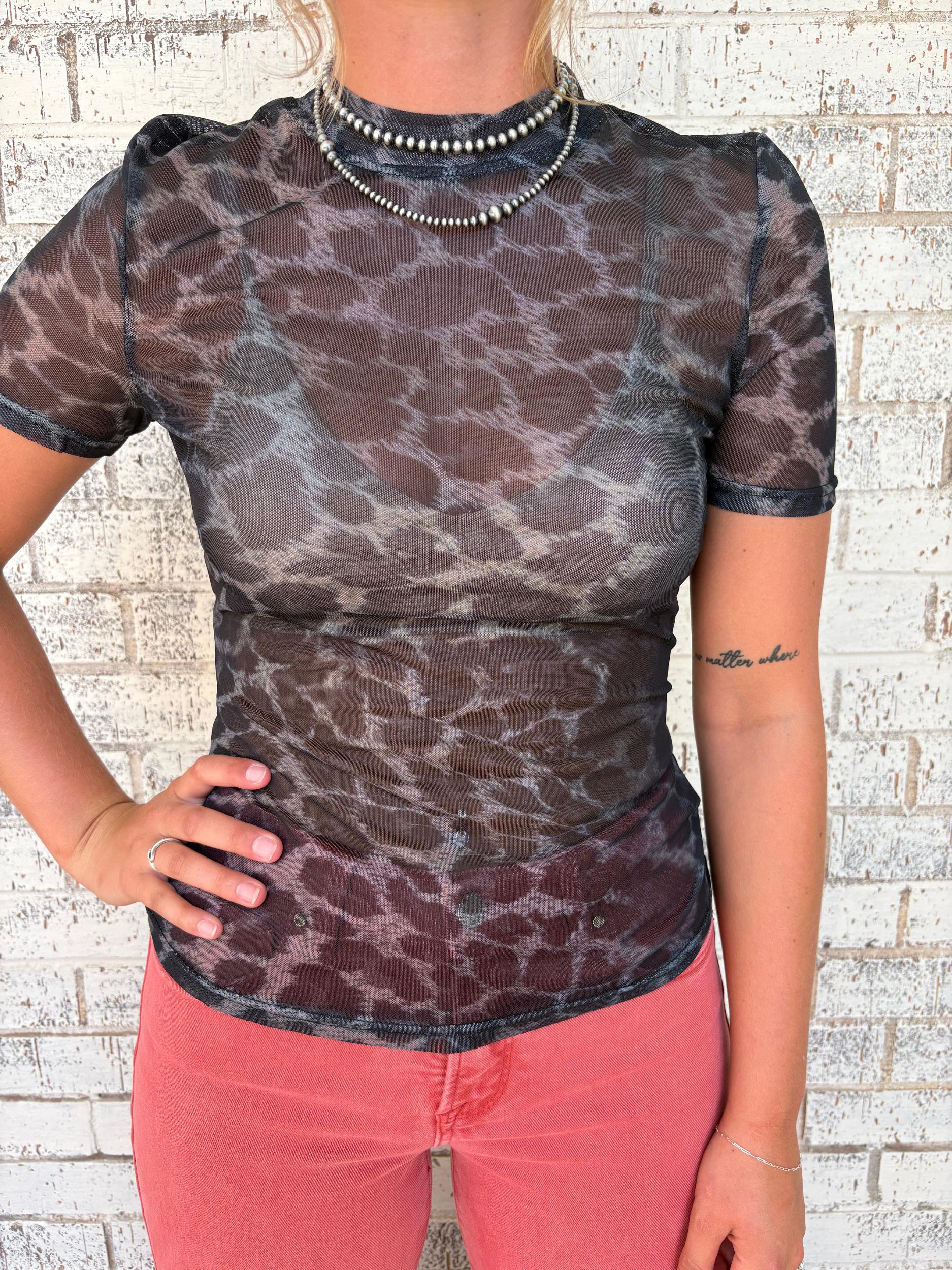 L&B Grey Leopard Short Sleeve Mesh Top Product Image
