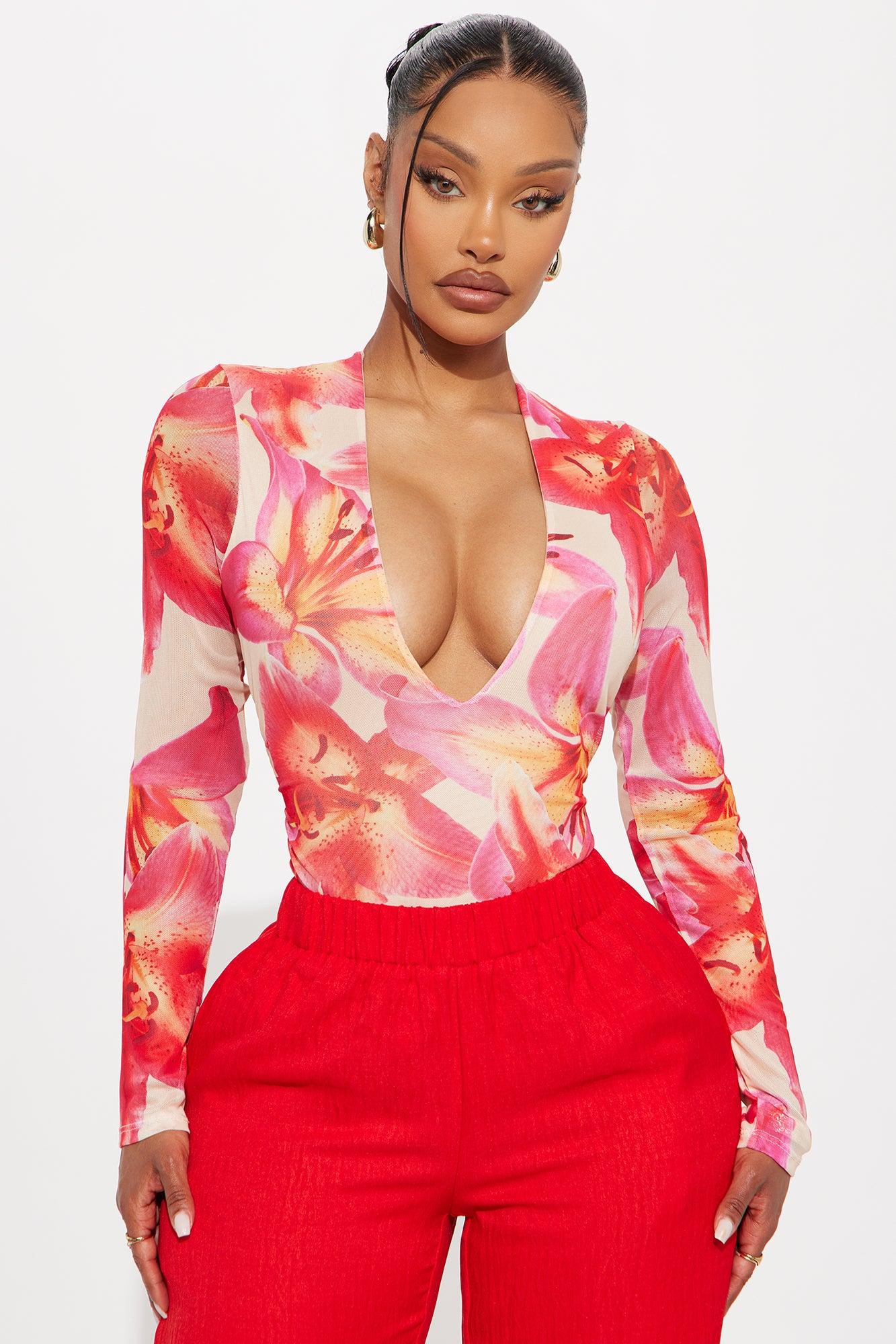 Moody Mesh Floral Long Sleeve Bodysuit - Pink/combo Female Product Image