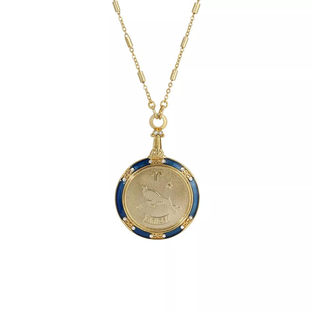 1928 Gold Tone Blue Enamel & Clear Crystal Zodiac Pendant Necklace, Womens, Aries Product Image