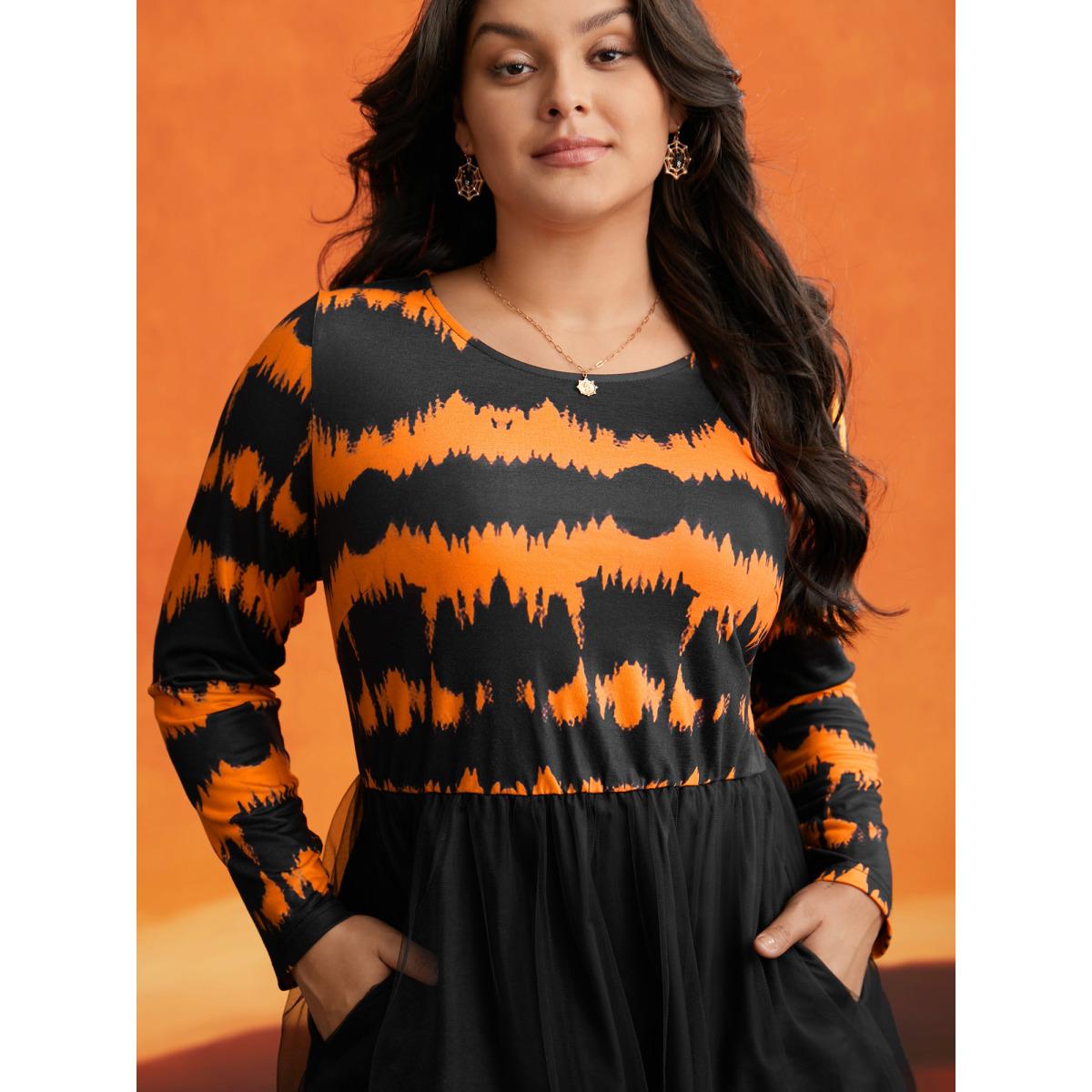 Plus Size Soft Knit And Chiffon Contrast Midi Dress Brightorange Women Cocktail Contrast Party Curvy Bloomchic 10/M Product Image