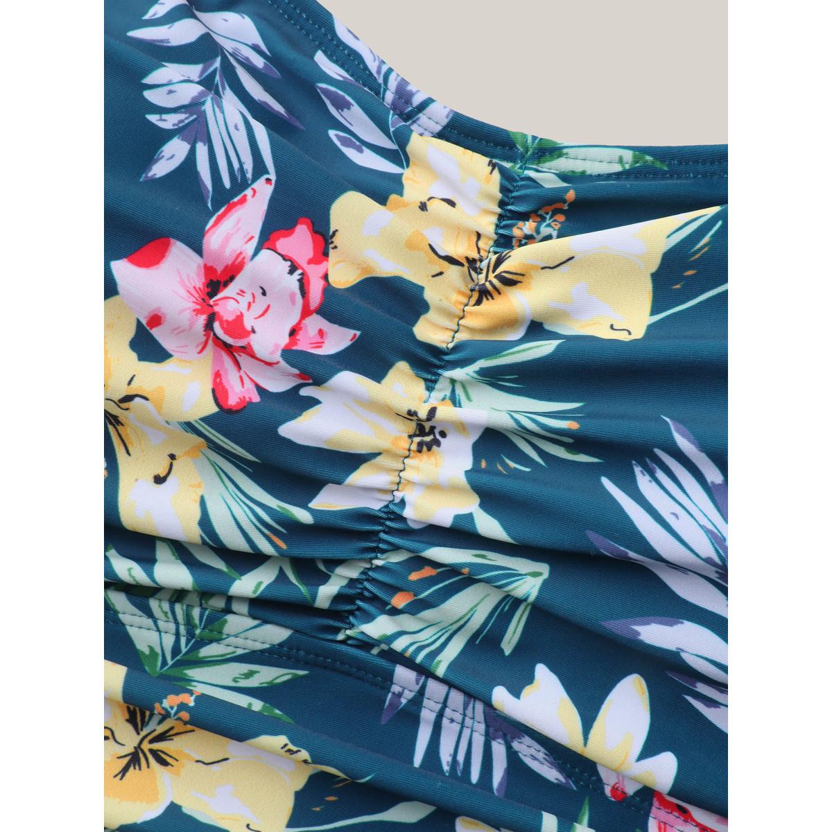 Plus Size Tropical Floral Print Twist Front Swim Dress Women's Swimwear Cyan Beach Bodycon Heart neckline High stretch Curve Swim Dresses BloomChic 28/5X Product Image