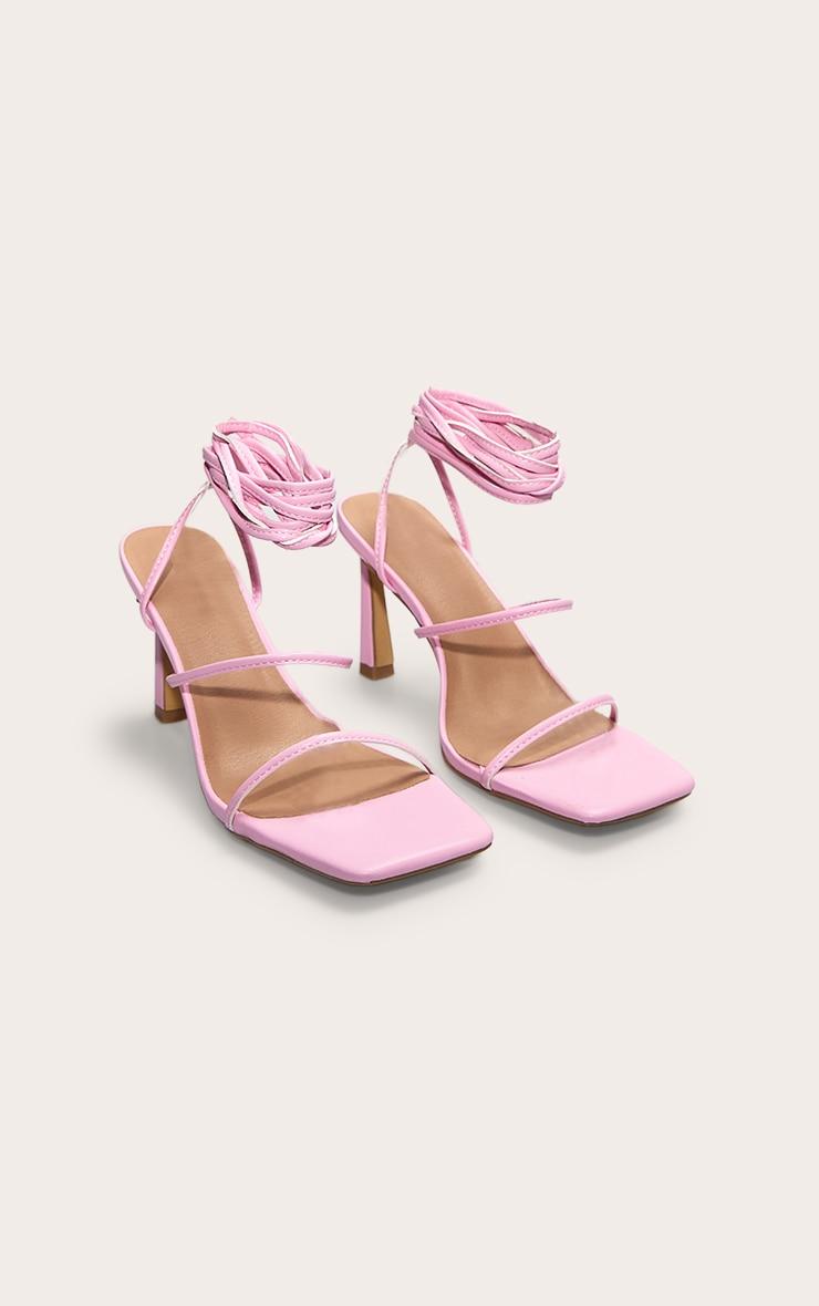 Pink Pu Square Toe Strappy Lace Up Mid Stiletto Heeled Sandals Product Image