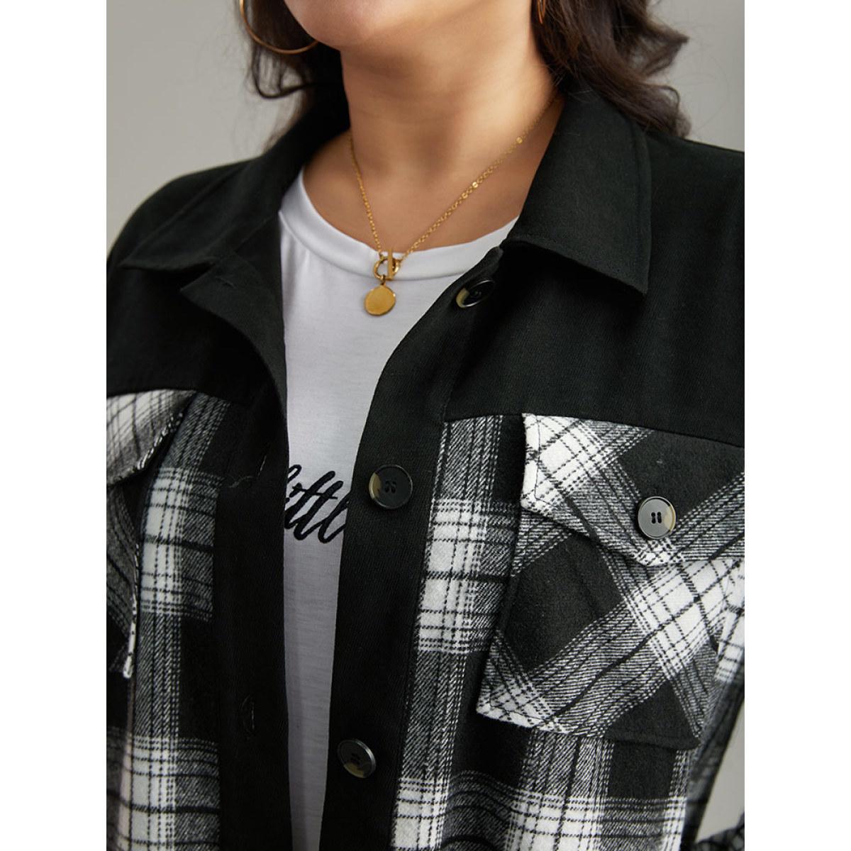 Plus Size Plaid Patchwork Patched Pocket Button Through Shacket Women Black Casual Contrast Ladies Dailywear Winter Coats BloomChic 18-20/2X Product Image
