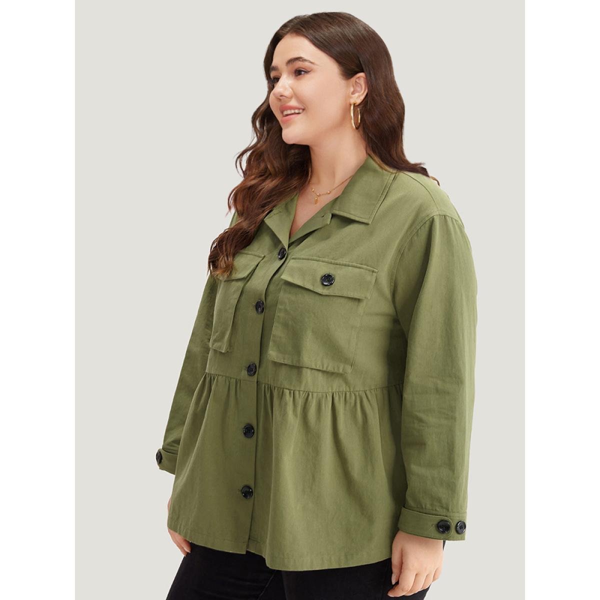 Plus Size Solid Gathered Button Through Pocket Jacket Women Moss Casual Plain Ladies Dailywear Winter Coats BloomChic 10/M Product Image