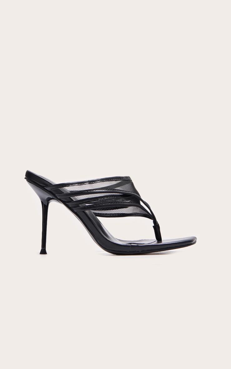 Wide Fit Black Square Toe Double Mesh Toe Thong High Stiletto Heeled Mules Product Image