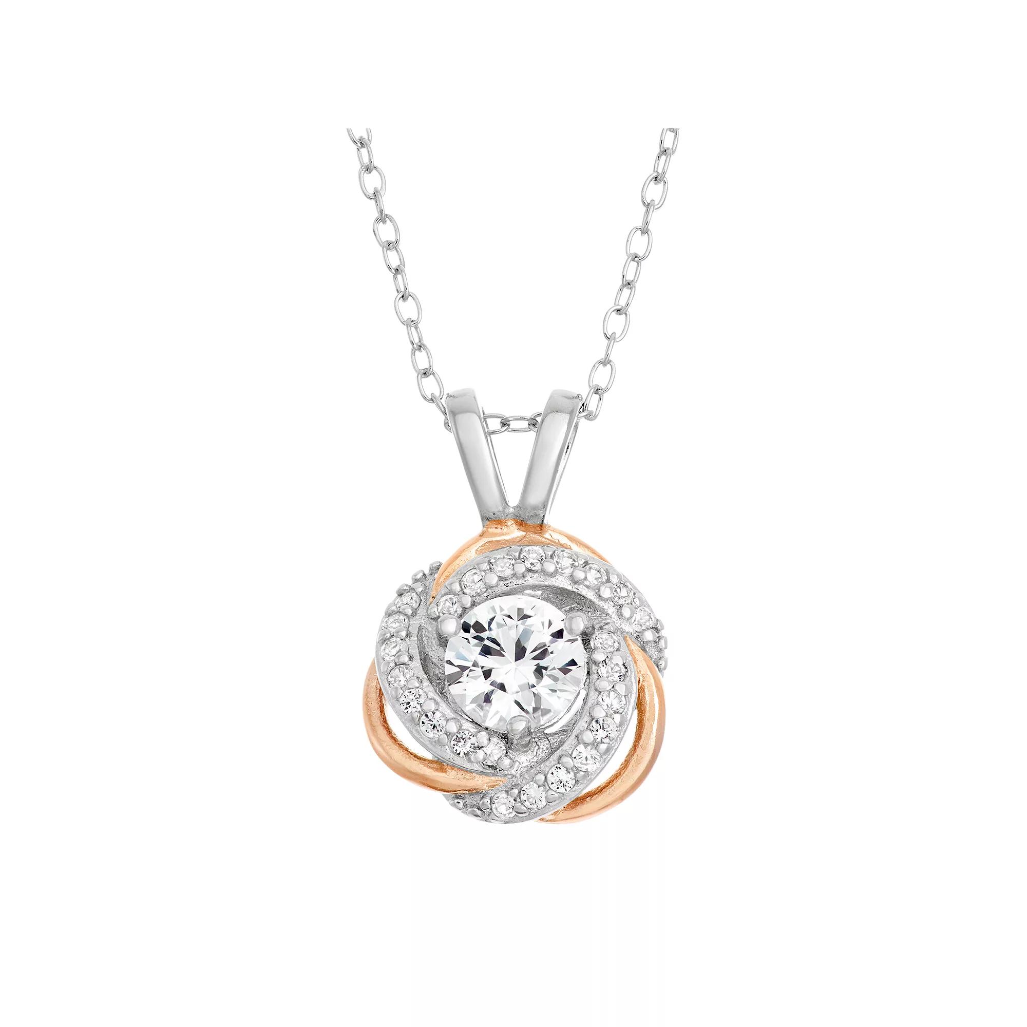 Lab-Created White Sapphire Sterling Silver & 18k Rose Gold Over Silver Love Knot Necklace, Women's, Size: 18" Product Image