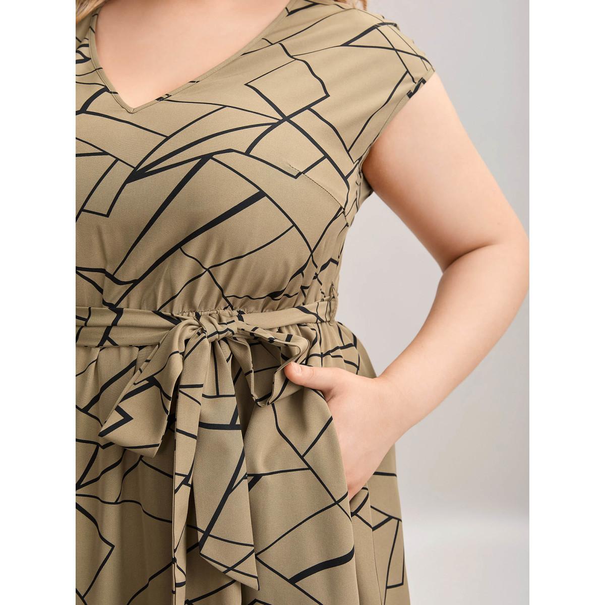 Plus Size Geometric Print Side Tied Midi Dress LightBrown Women At the Office Belted V-neck Sleeveless Curvy BloomChic 18-20/2X Product Image