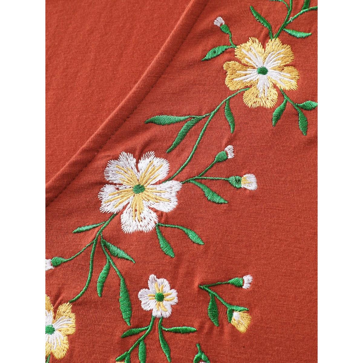 Plus Size Floral Embroidered Lace Knit T-Shirt OrangeRed Women Boho V-neck Vacation T-shirts BloomChic 22-24/3X Product Image