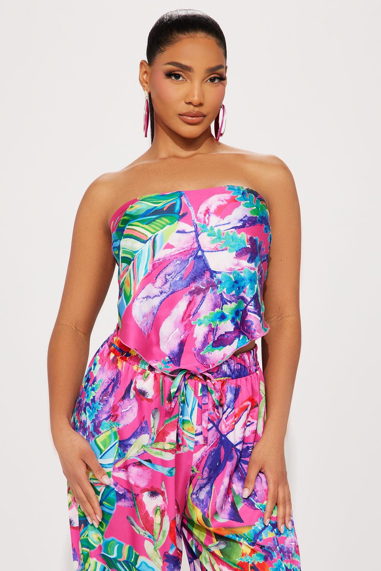 Tropical Babe Satin Pant Set - Pink/combo Product Image