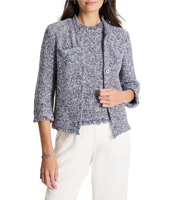 NIC + ZOE Mixed Knit Round Neck 3/4 Sleeve Fringe Trim Jacket Product Image