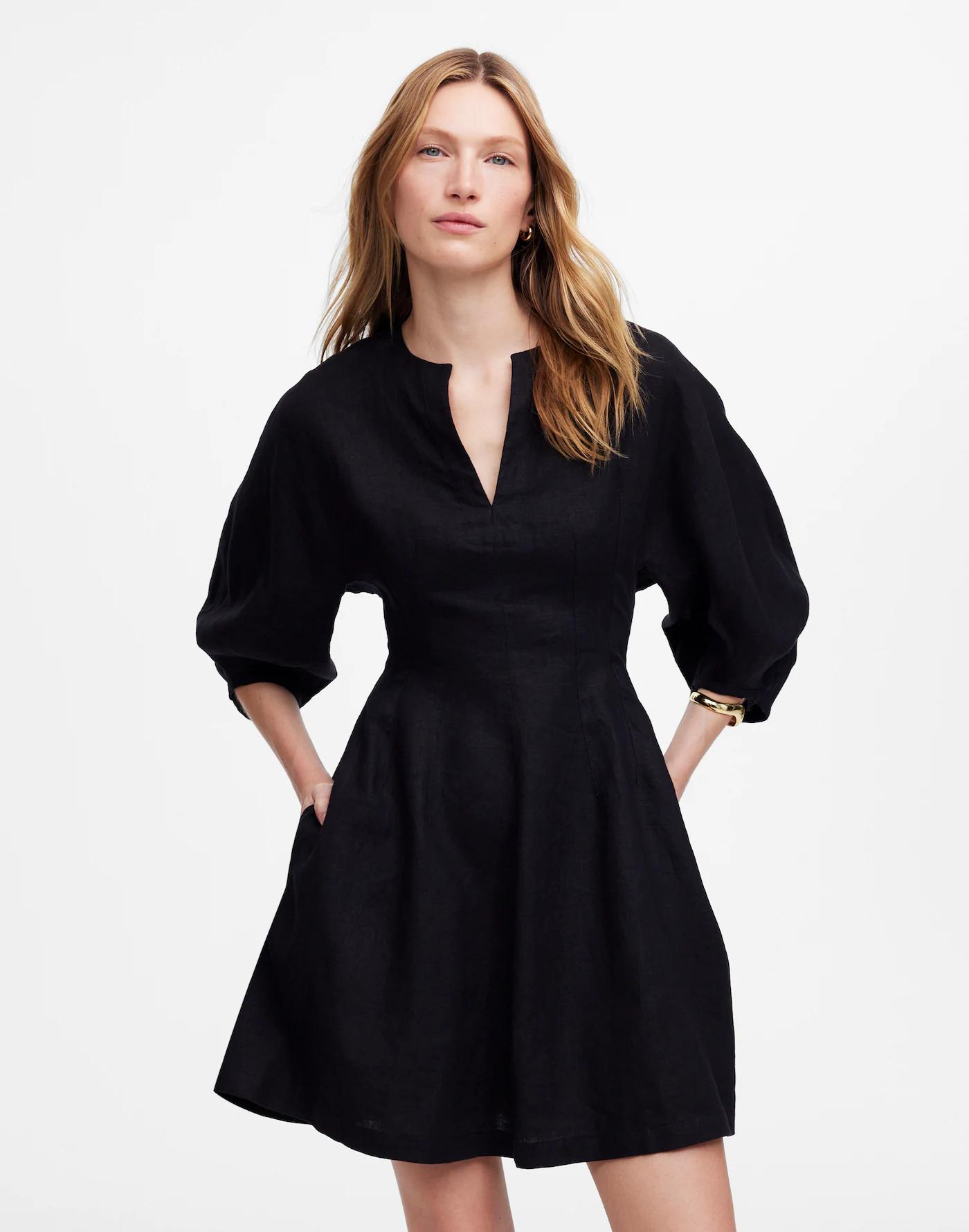 Splitneck Mini Dress in 100% Linen Product Image