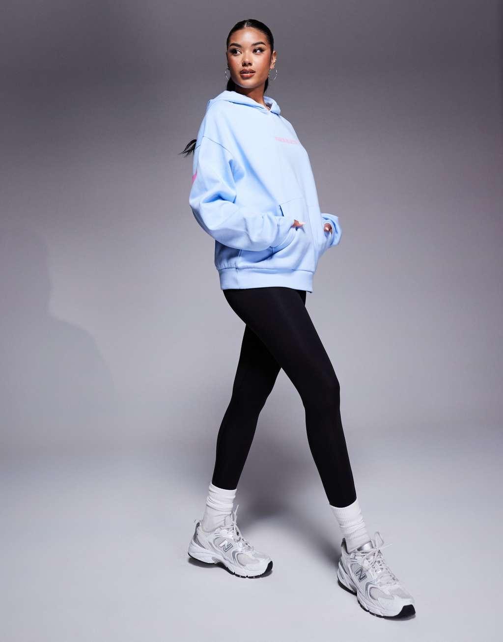 Weekend Collective oversized hoodie with pink stacked back logo in blue Product Image