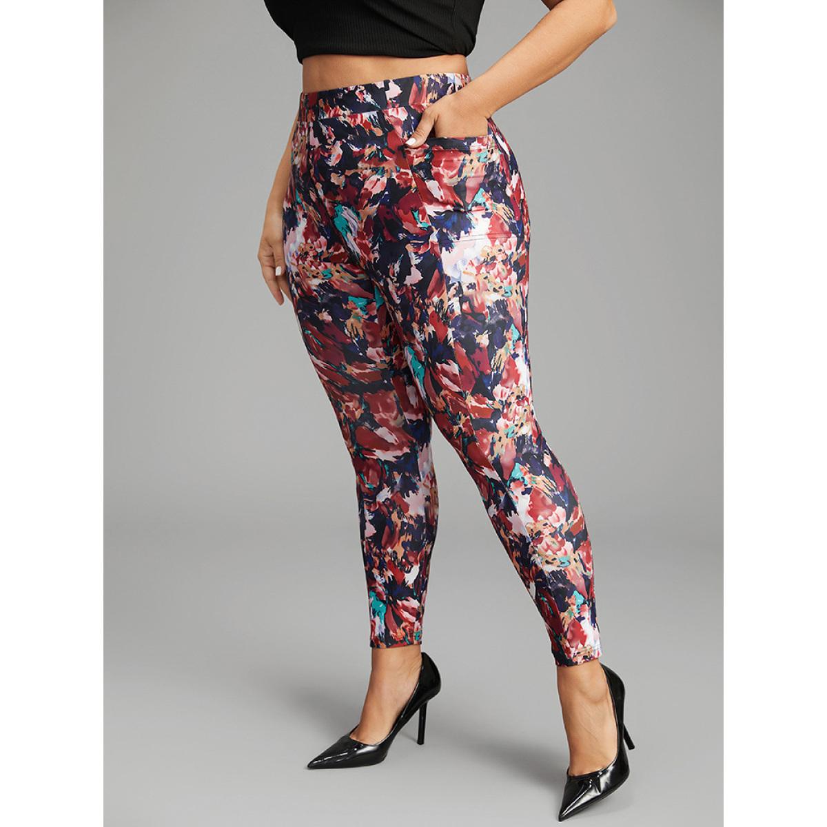 Plus Size Pixel Flower Pocket Elastic Waist High Rise Leggings Women Multicolor Casual High stretch Skinny High Rise Everyday Leggings BloomChic 28/5X Product Image