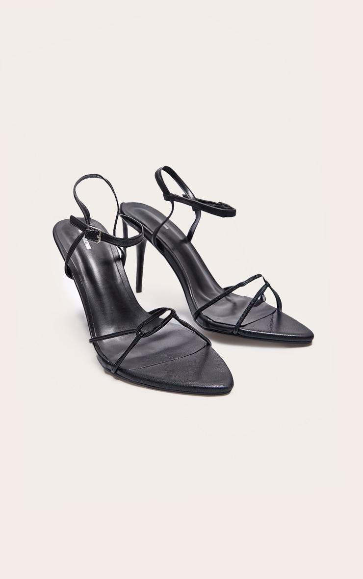 Black PU Point Toe Thin Strappy High Stiletto Heeled Sandals Product Image