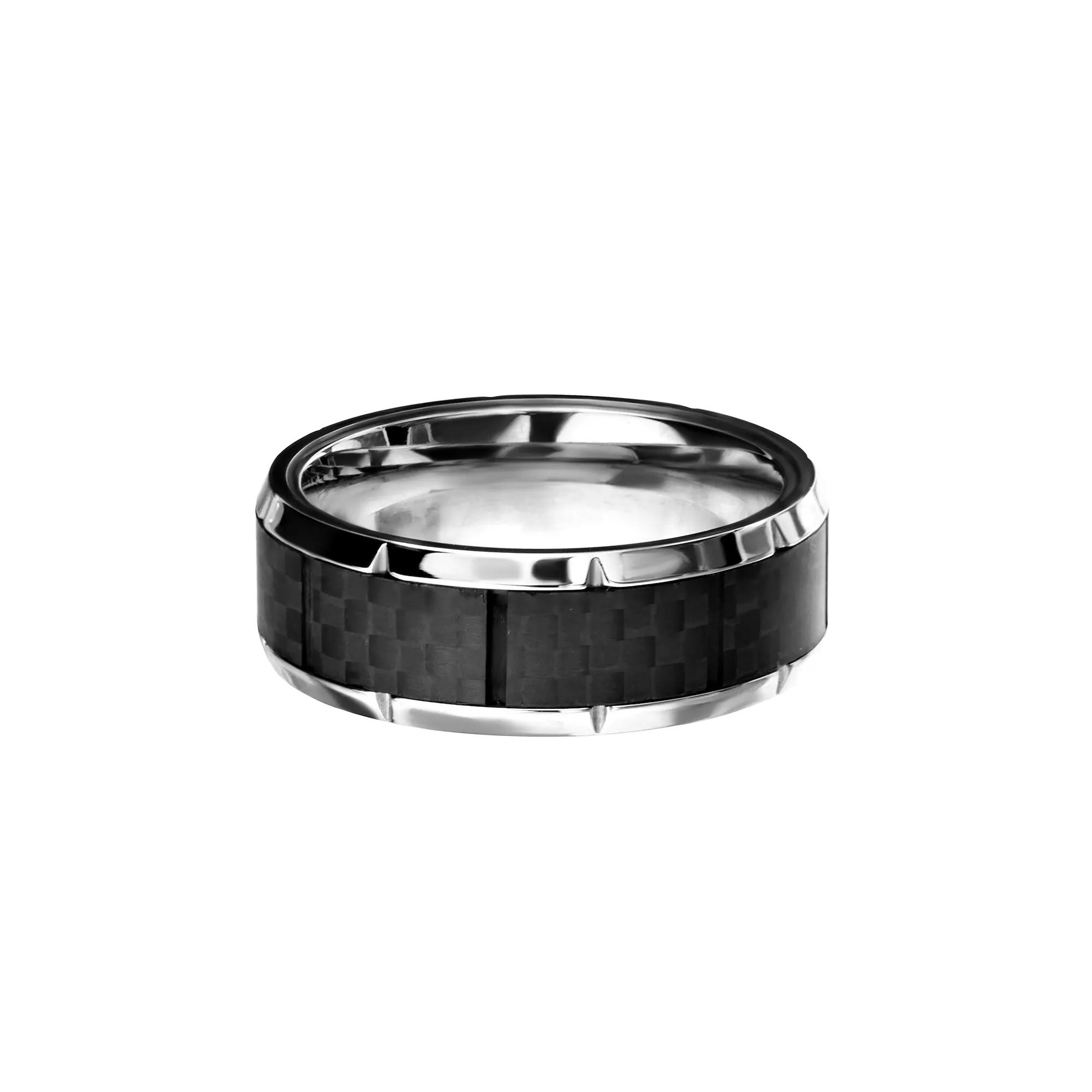 Men's Stainless Steel Ridged Edge Carbon Fiber Ring, Size: 9, Two Tone Product Image