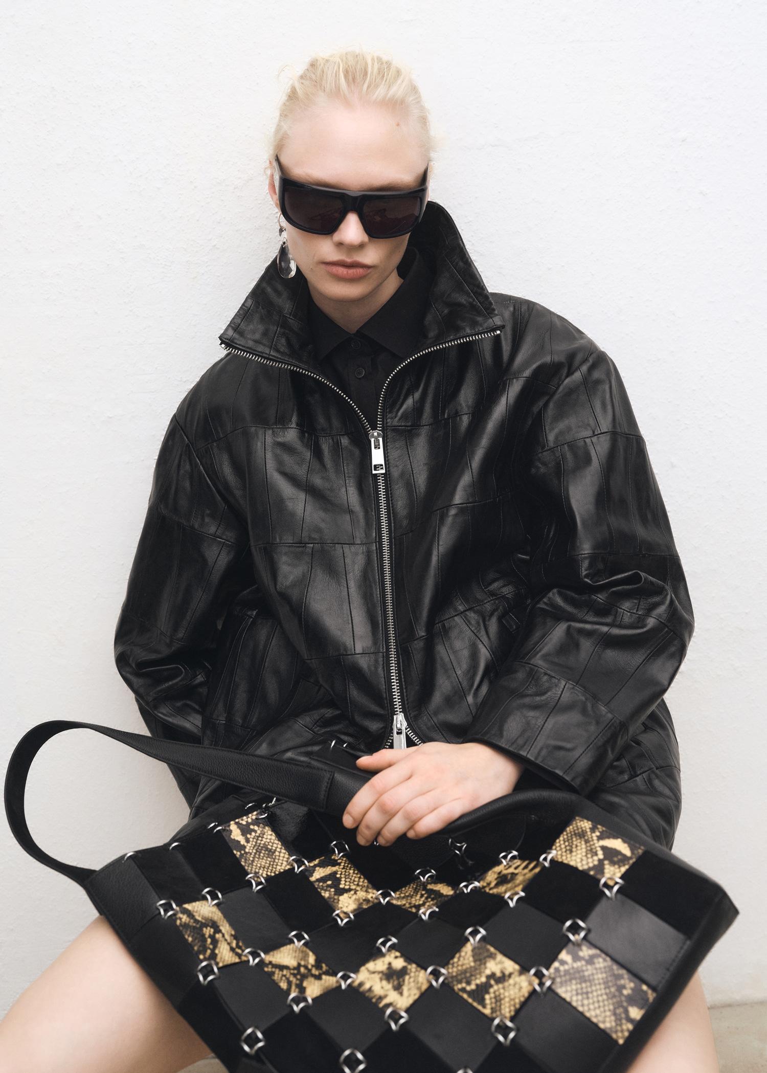 Oversized patchwork leather coat - Women | MANGO USA Product Image