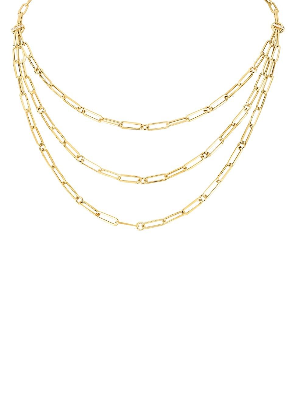 Womens 18K Yellow Gold & Diamond Triple-Strand Paper Clip Chain Necklace Product Image