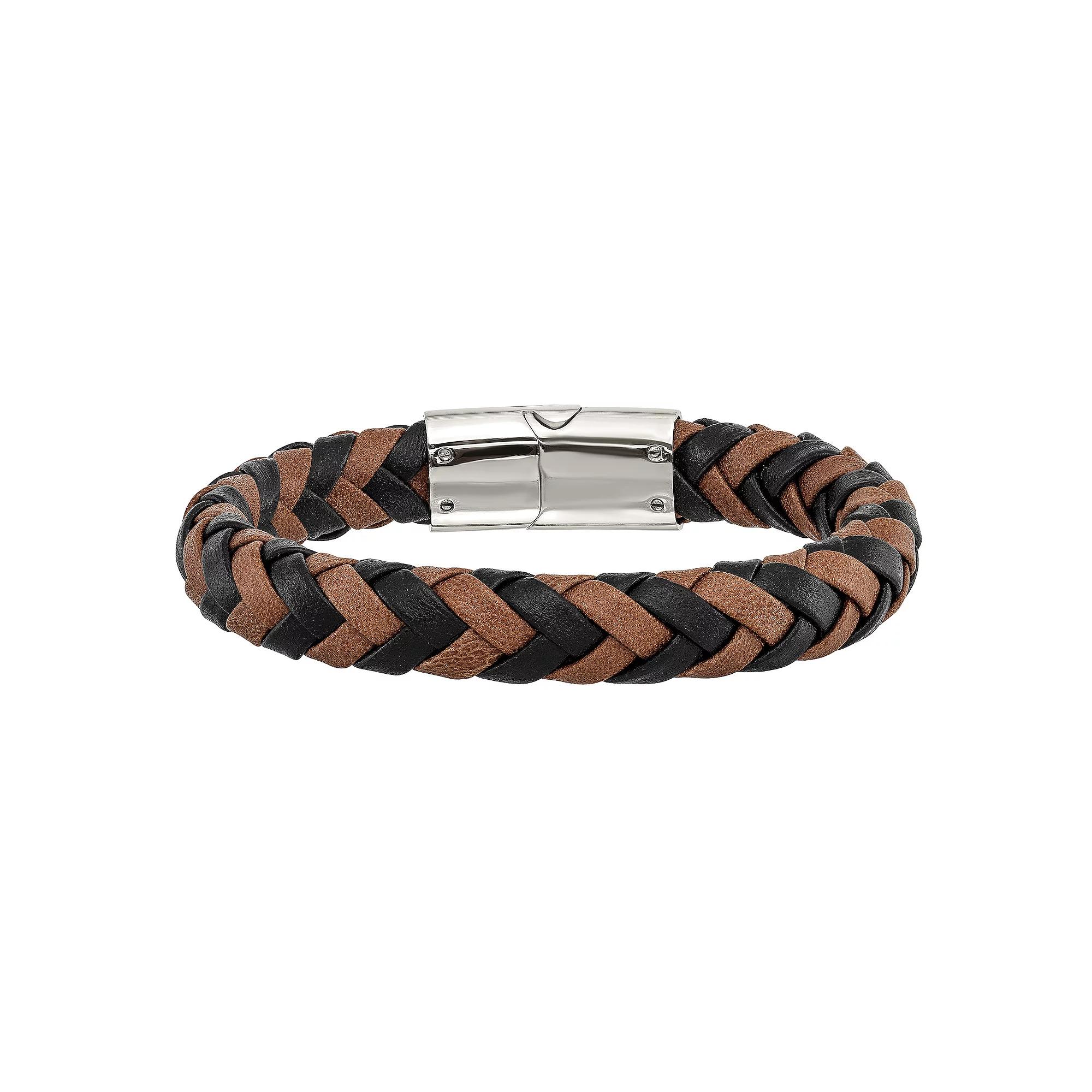 Men's Braided Black & Brown Leather Bracelet, Size: 8.5", Stainless Product Image