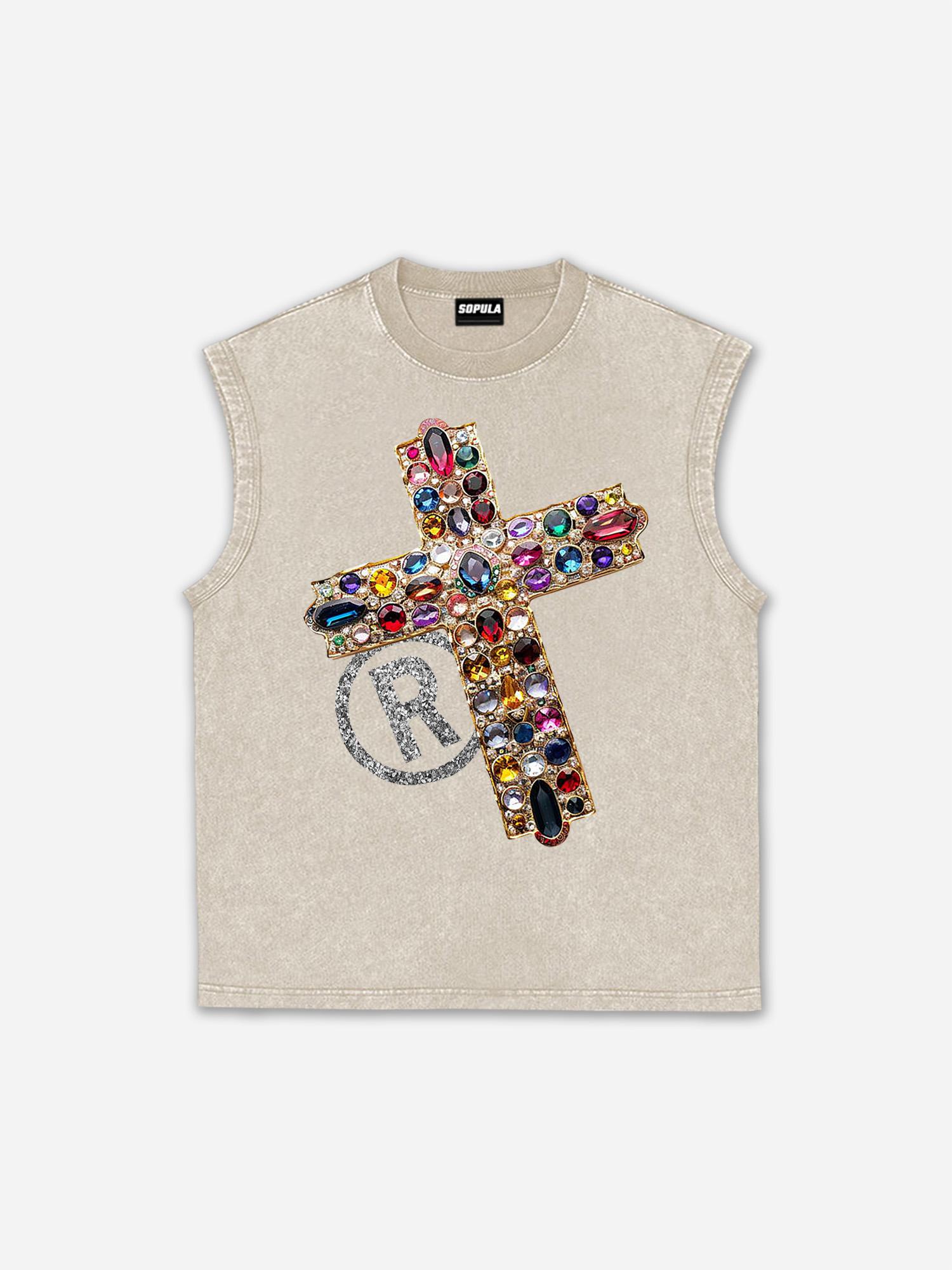 Sopula Men's Diamond Cross Graphic Acid Washed Sleeveless Tank Top Product Image