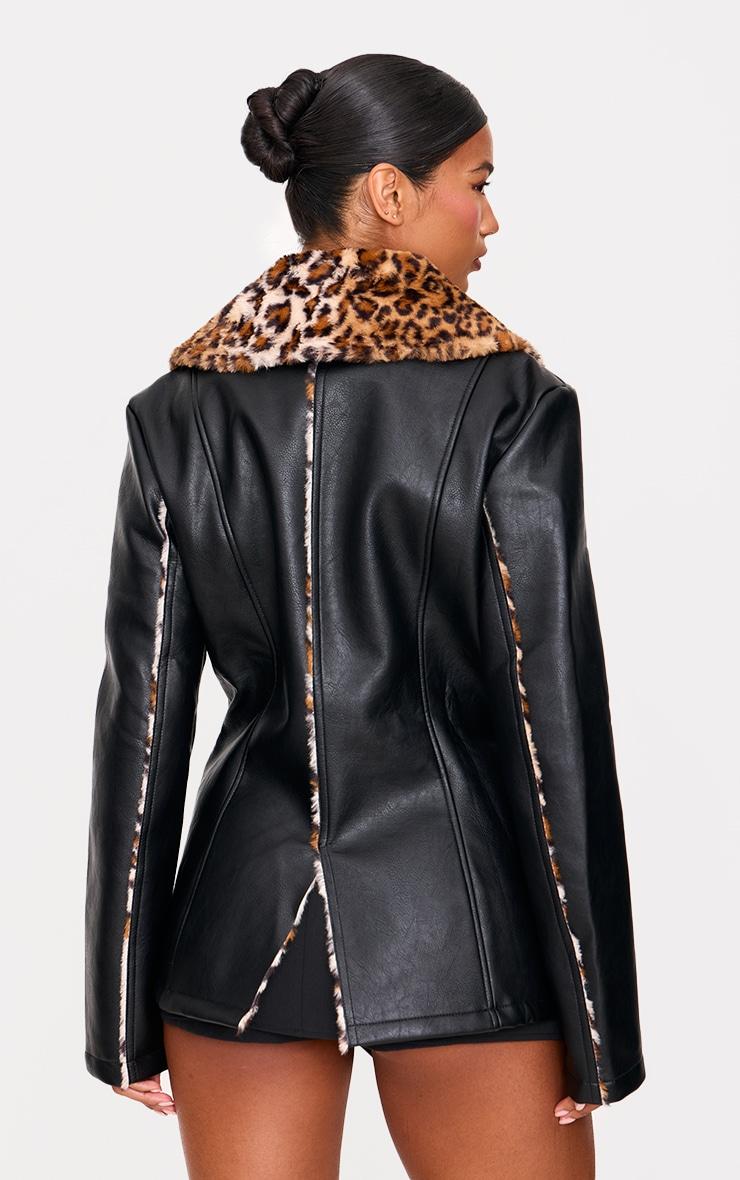 Black Faux Fur White Trim Contrast Faux Leather Jacket Product Image